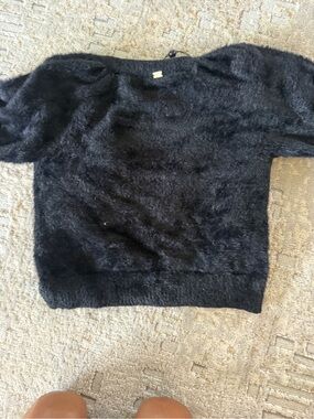 For Love & Lemons Black Fuzzy Short-Sleeve Sweater Top